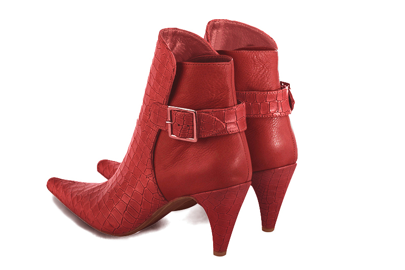 Scarlet red women's ankle boots with buckles at the back. Pointed toe. High slim heel. Rear view - Florence KOOIJMAN
